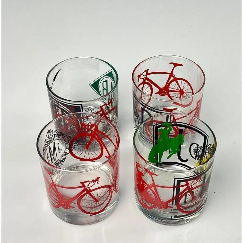 Set of 4 Lowball Whiskey Short Tumbler Glasses Bicycle Bronco Monogram Barware C